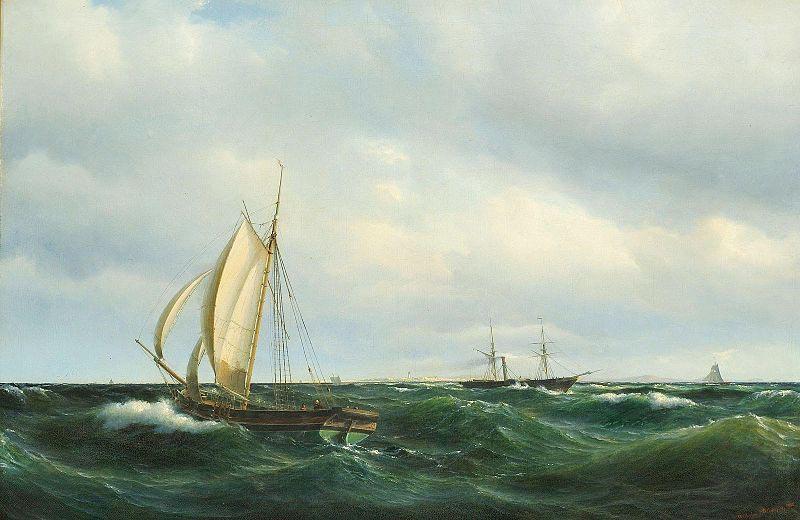 Vilhelm Melbye Stormfuld Eftermiddag i Skagerak. En dansk Jagt og forskjellige Skibe passere Skagen oil painting image